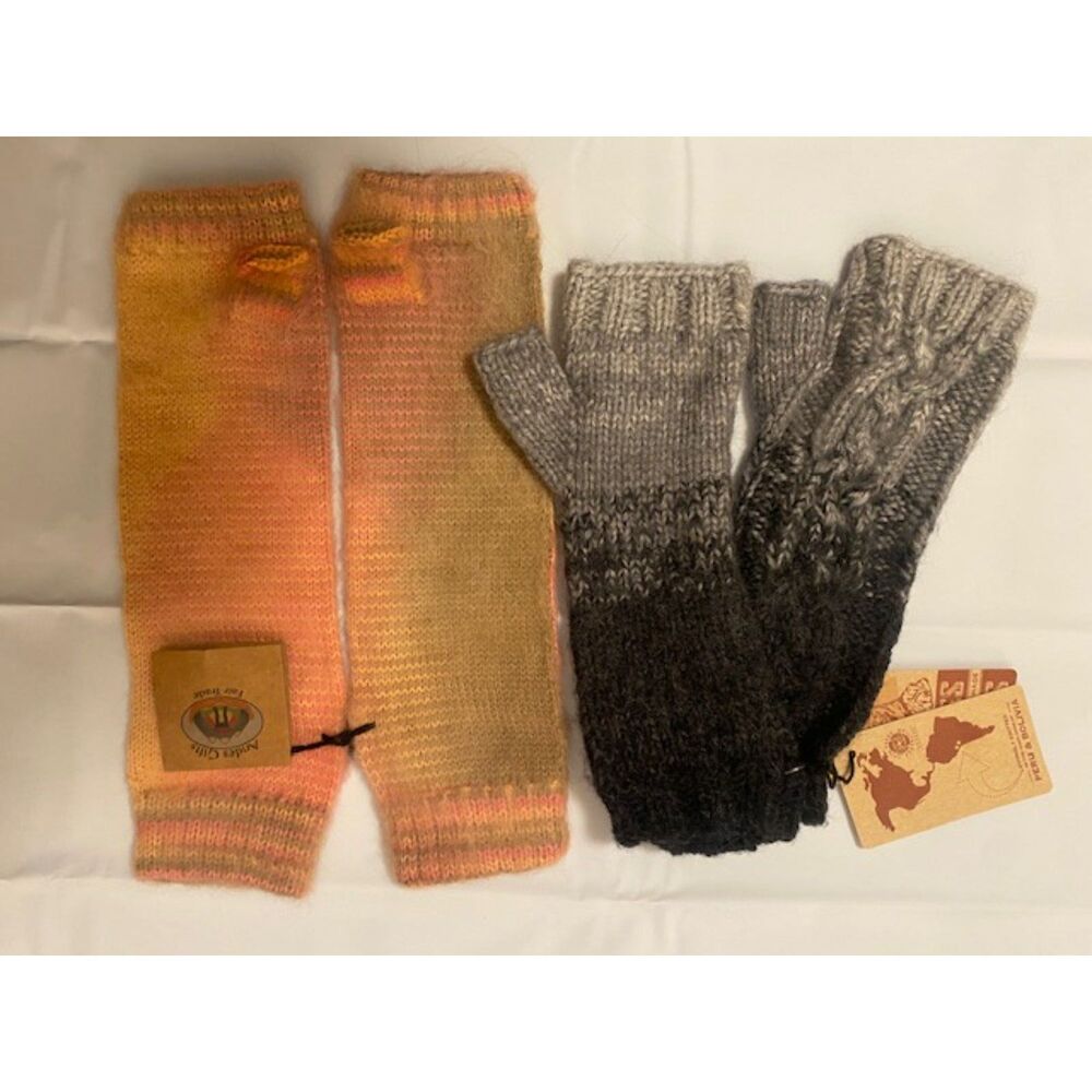 NWT Andes Gifts Alpaca Fingerless Gloves Arm Warmers Lot - 2 Pairs Gray & Peach